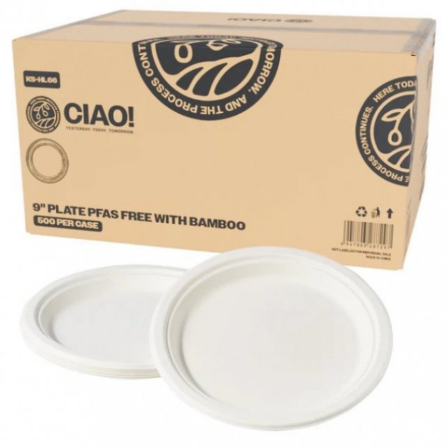 CIAO! 9" Heavy Duty White Plate 100% Compostable PFAS Free Unbleached Bagasse Natural White (Pack of 500)