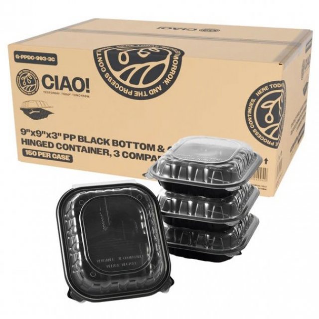 CIAO! 9"x9"x3" Polypropylene Black bottom with Clear Lid Hinged Container 3 Compartment Take Out Container, Microwavable, Recyclable and Reusable, (Case of 150)