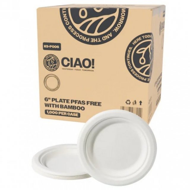 CIAO! 6" Heavy Duty White Plate 100% Compostable Ecofriendly PFAS Free Unbleached Bagasse Natural White (Pack of 1,000)